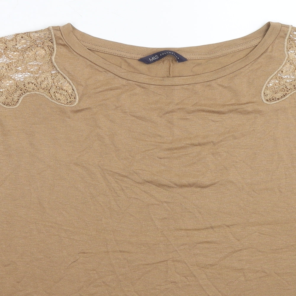 Marks and Spencer Womens Brown Viscose Basic T-Shirt Size 14 Round Neck - Lace Detail