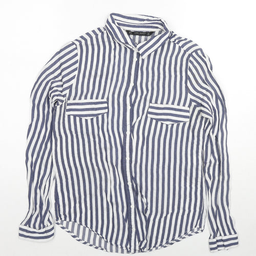 Zara Womens Blue Striped Cotton Basic Button-Up Size M Collared