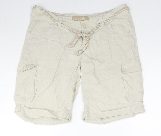 E Studio Womens Beige Linen Cargo Shorts Size 6 L10 in Regular Zip