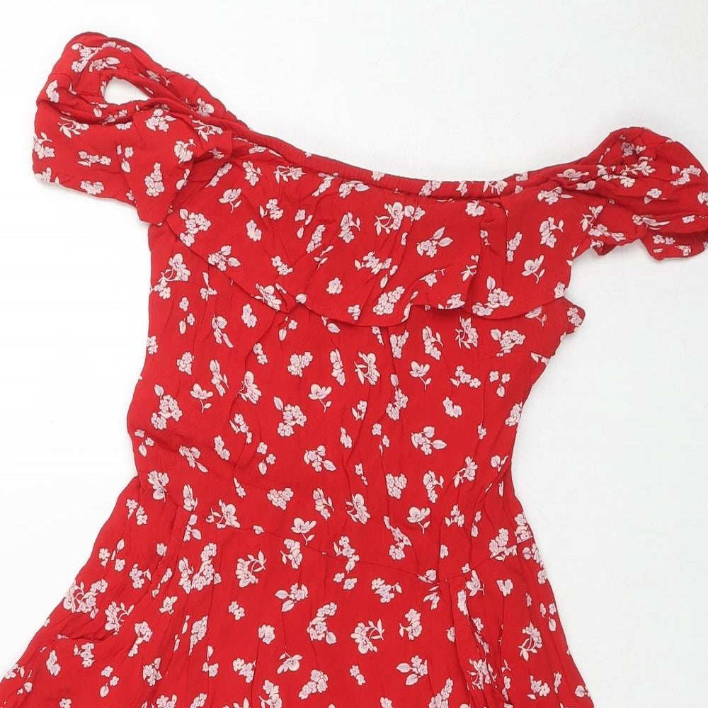 Miss Selfridge Womens Red Floral Viscose Fit & Flare Size 12 Off the Shoulder Pullover