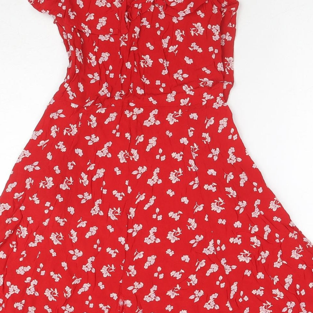 Miss Selfridge Womens Red Floral Viscose Fit & Flare Size 12 Off the Shoulder Pullover