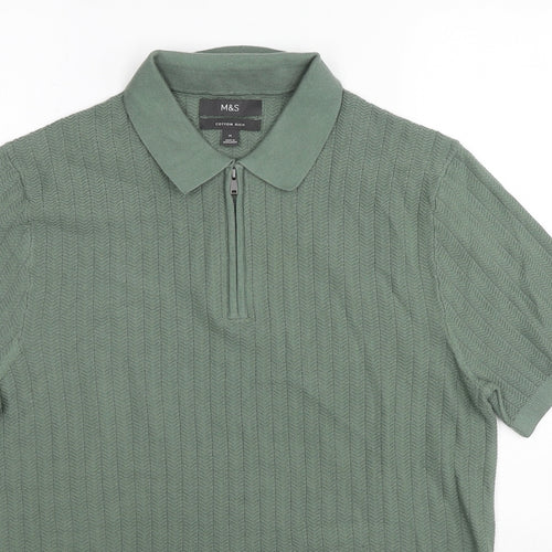 Marks and Spencer Mens Green Cotton Polo Size M Collared Pullover