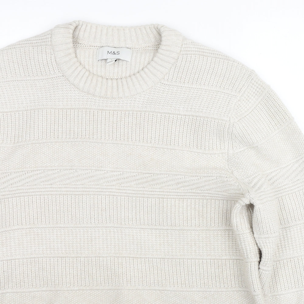 Marks and Spencer Mens Ivory Crew Neck Geometric Polyester Pullover Jumper Size L Long Sleeve