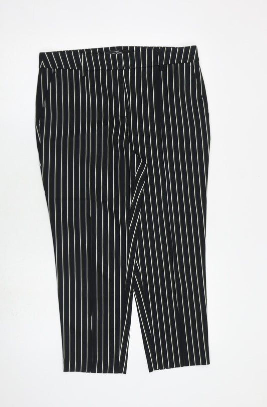 NEXT Womens Black Striped Cotton Cropped Trousers Size 12 L24 in Regular Zip