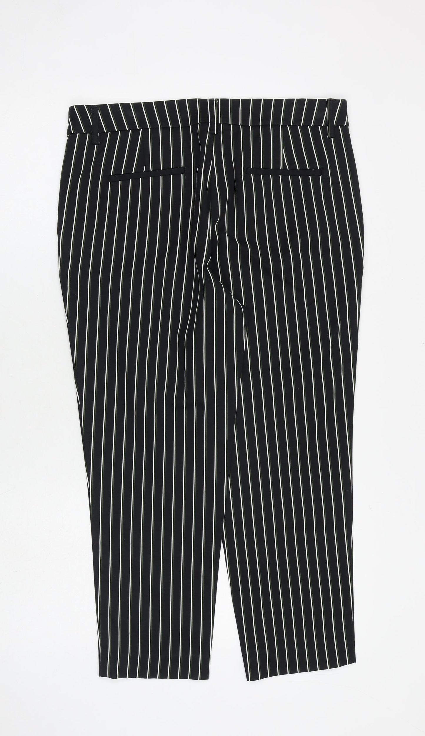 NEXT Womens Black Striped Cotton Cropped Trousers Size 12 L24 in Regular Zip