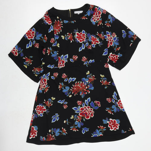 Red Herring Womens Black Floral Polyester A-Line Size 14 Boat Neck Zip
