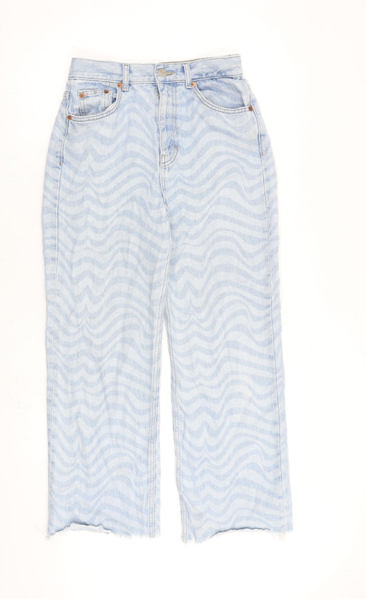 Pull&Bear Womens Blue Animal Print Cotton Wide-Leg Jeans Size 8 L28 in Regular Zip