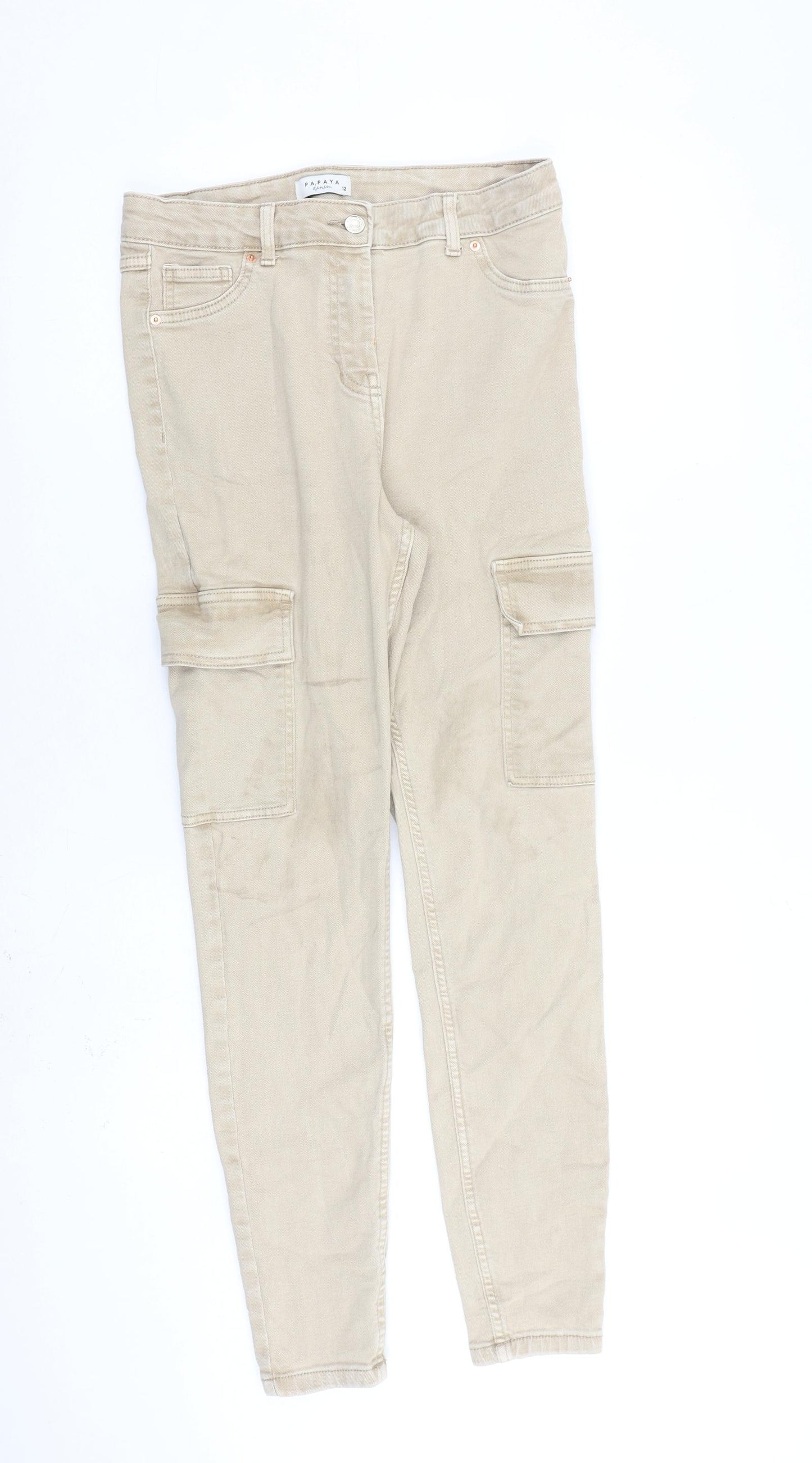 Papaya Womens Beige Cotton Tapered Jeans Size 12 L30 in Regular Zip - Cargo