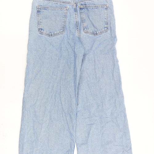 Zara Womens Blue Cotton Wide-Leg Jeans Size 10 L24 in Regular Zip - Raw Hem