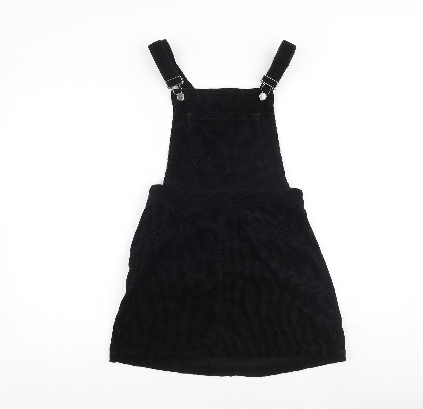H&M Womens Black 100% Cotton Pinafore/Dungaree Dress Size 6 Square Neck Buckle