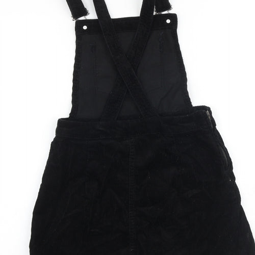 H&M Womens Black 100% Cotton Pinafore/Dungaree Dress Size 6 Square Neck Buckle