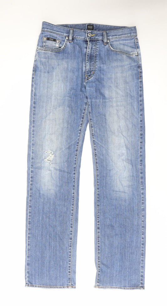 HUGO BOSS Mens Blue Cotton Straight Jeans Size 32 in L34 in Regular Zip