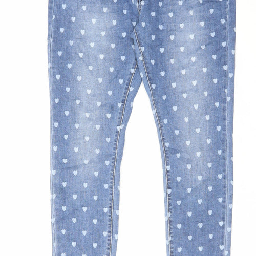 Colourful Womens Blue Geometric Cotton Skinny Jeans Size 12 L28 in Regular Zip - Heart Pattern