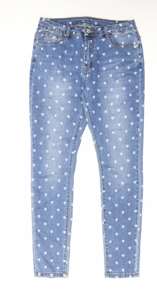 Colourful Womens Blue Geometric Cotton Skinny Jeans Size 12 L28 in Regular Zip - Heart Pattern
