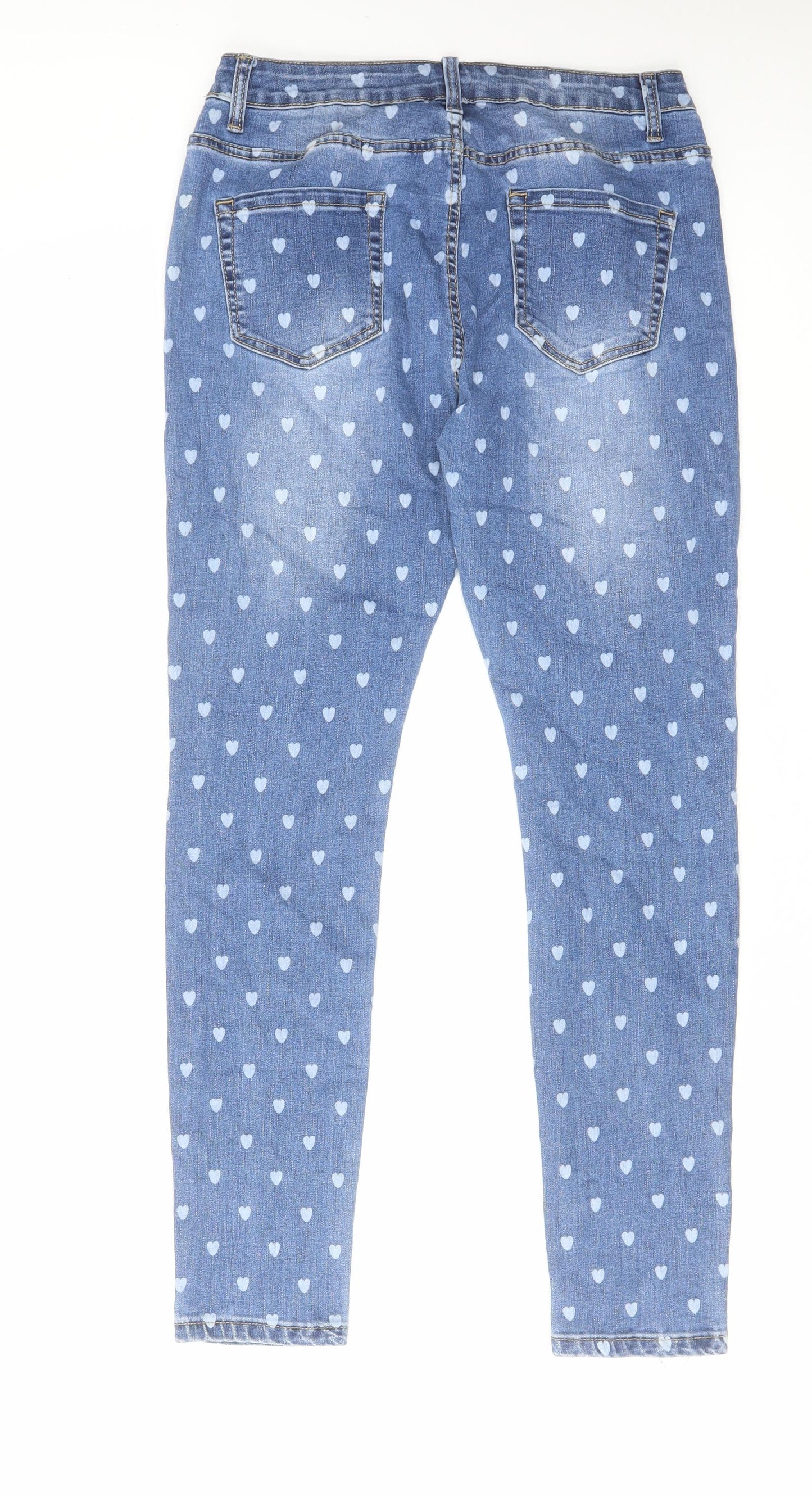 Colourful Womens Blue Geometric Cotton Skinny Jeans Size 12 L28 in Regular Zip - Heart Pattern