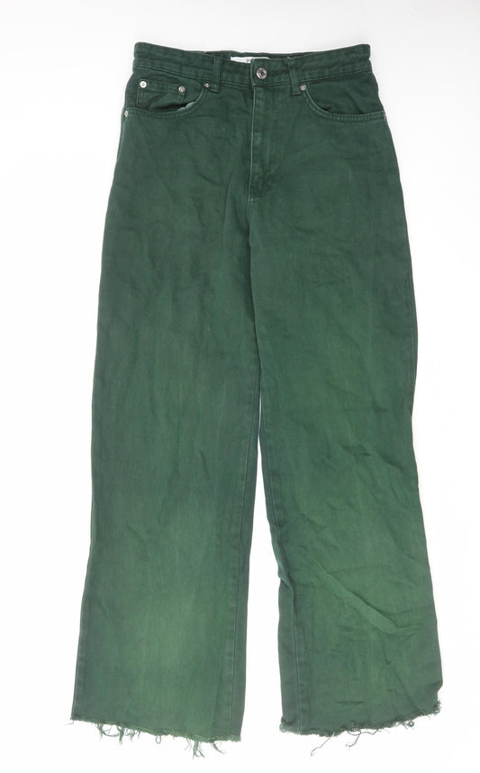 Stradivarius Womens Green Cotton Wide-Leg Jeans Size 10 L29 in Regular Zip - Raw Hem