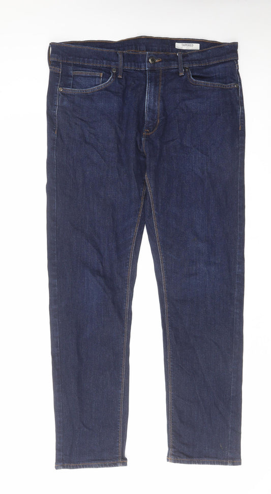Marks and Spencer Mens Blue Cotton Straight Jeans Size 36 in L31 in Regular Zip