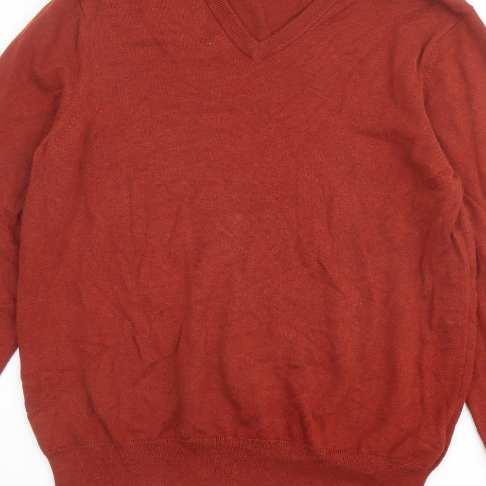 Marks and Spencer Mens Red V-Neck Cotton Pullover Jumper Size L Long Sleeve