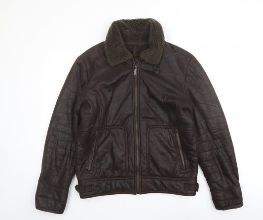 Zara Mens Brown Bomber Jacket Jacket Size XL Zip - Leather