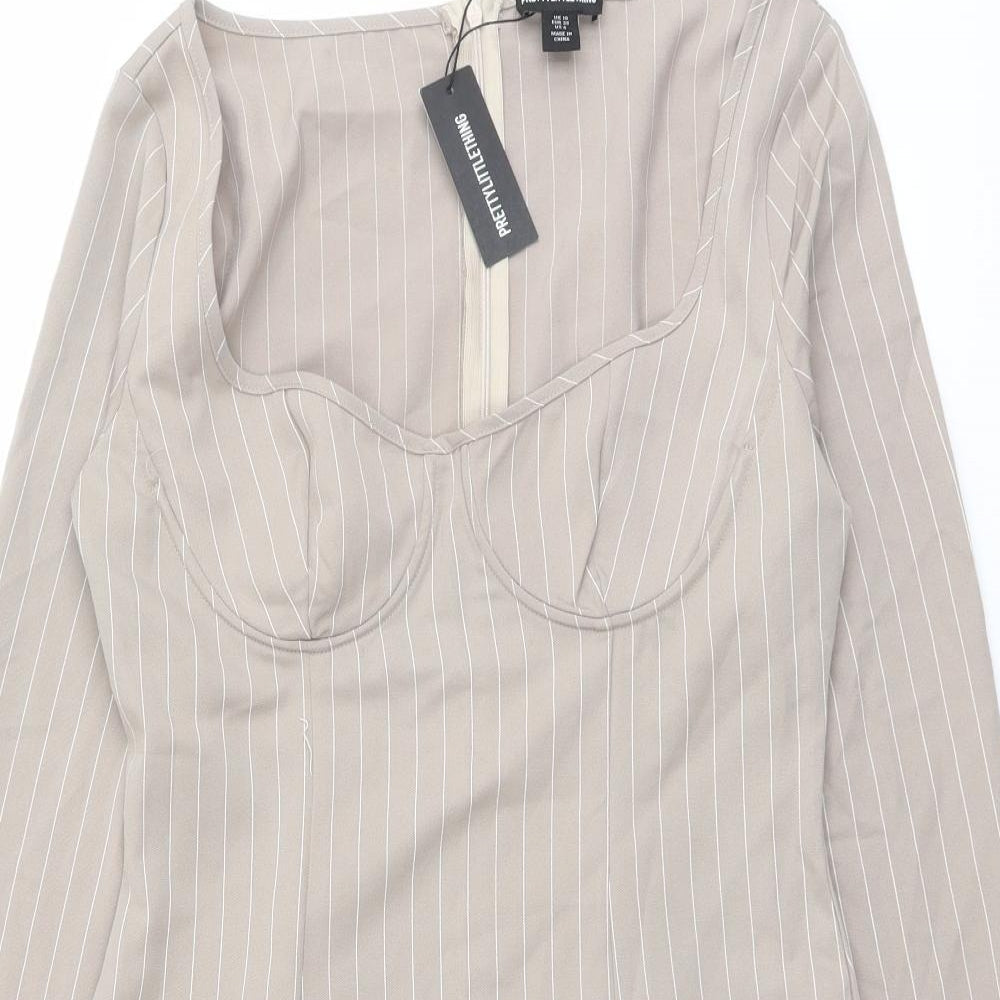 PRETTYLITTLETHING Womens Beige Striped Polyester Mini Size 10 Sweetheart Zip