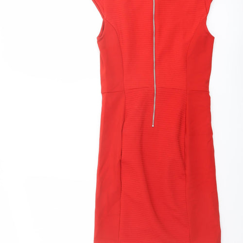 H&M Womens Red Viscose Pencil Dress Size S Boat Neck Zip - Cap Sleeve