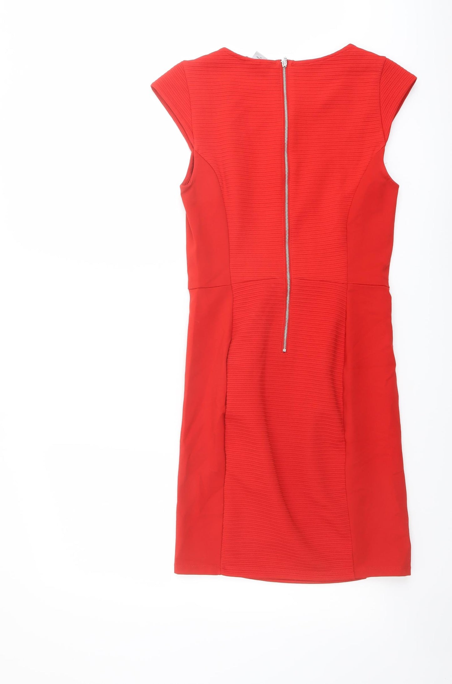 H&M Womens Red Viscose Pencil Dress Size S Boat Neck Zip - Cap Sleeve