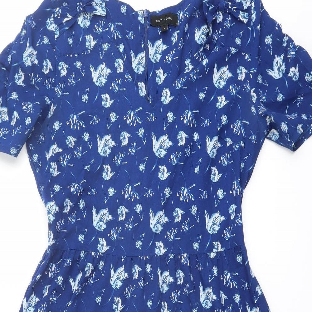 New Look Womens Blue Floral Polyester Fit & Flare Size 10 V-Neck Zip