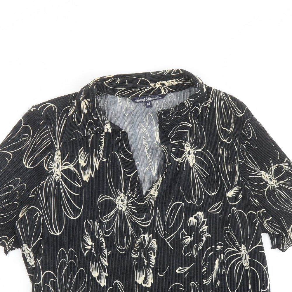 Sarah Hamilton Womens Black Floral Polyester Basic Blouse Size 14 V-Neck - Plisse