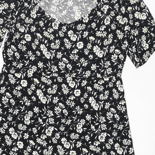 NEXT Womens Black Floral Viscose A-Line Size 18 Boat Neck Pullover - Cut Out Back Detail