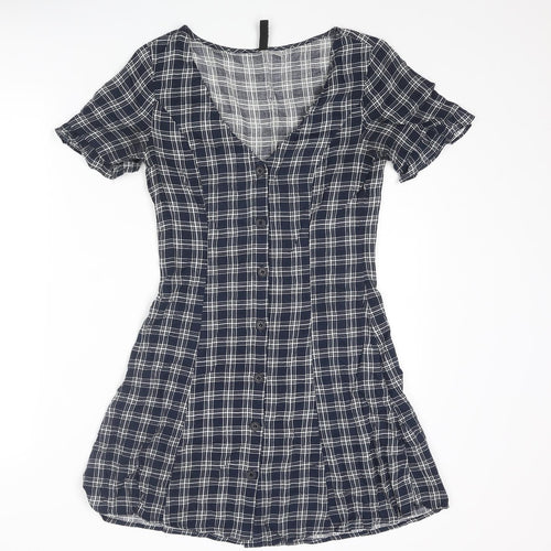 Divided by H&M Womens Blue Plaid Viscose Mini Size 6 V-Neck Button