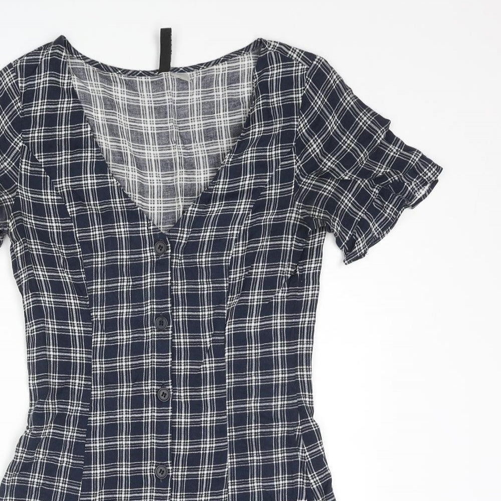 Divided by H&M Womens Blue Plaid Viscose Mini Size 6 V-Neck Button
