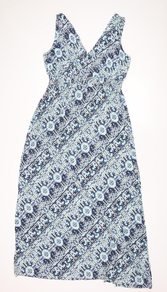 ESMARA Womens Blue Geometric Viscose Maxi Size XL V-Neck Pullover