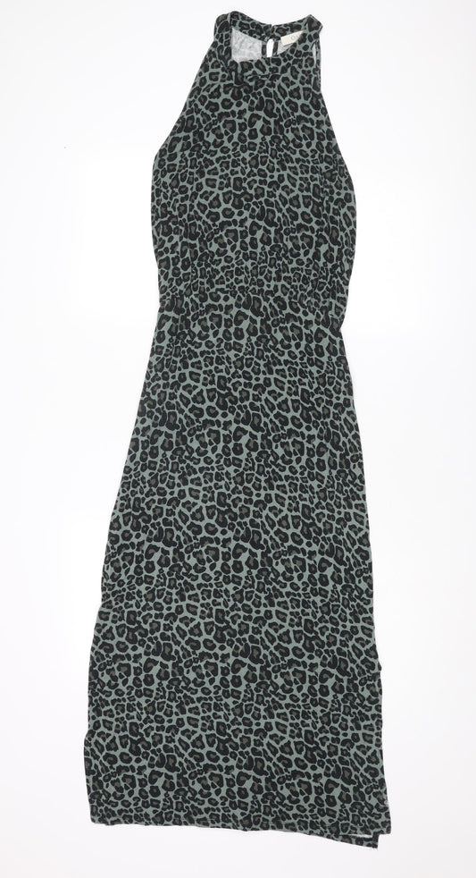 Oasis Womens Black Animal Print Viscose Maxi Size S Round Neck Button - Leopard pattern