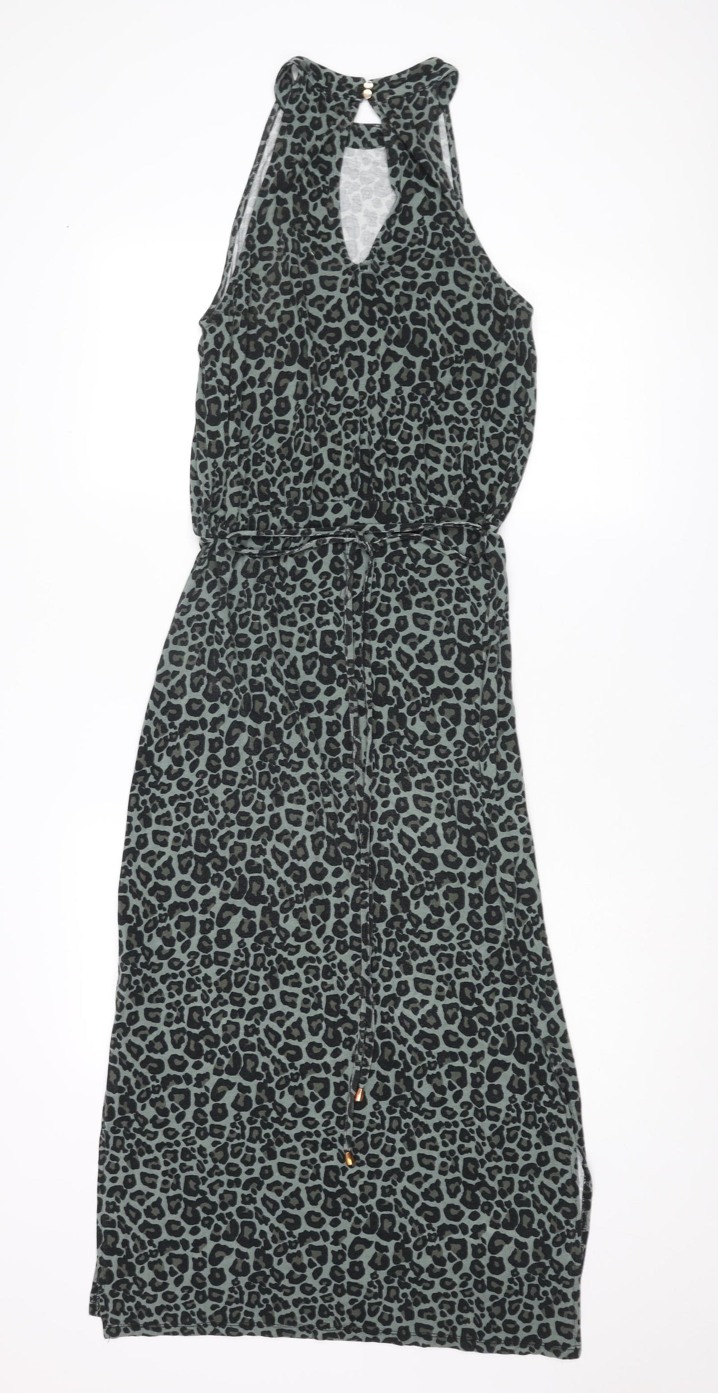 Oasis Womens Black Animal Print Viscose Maxi Size S Round Neck Button - Leopard pattern