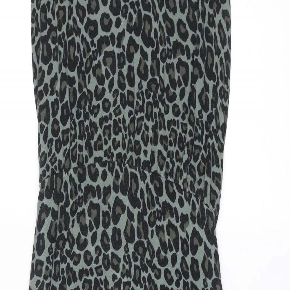 Oasis Womens Black Animal Print Viscose Maxi Size S Round Neck Button - Leopard pattern