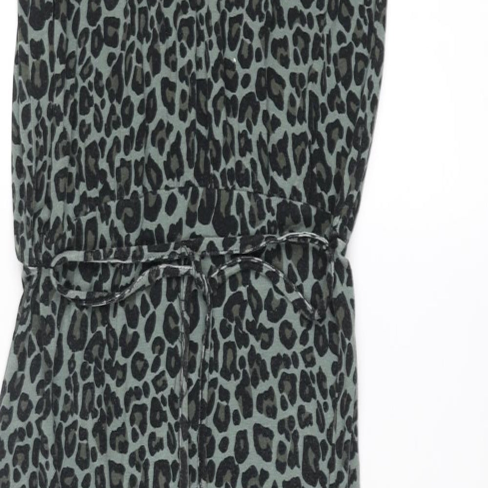 Oasis Womens Black Animal Print Viscose Maxi Size S Round Neck Button - Leopard pattern