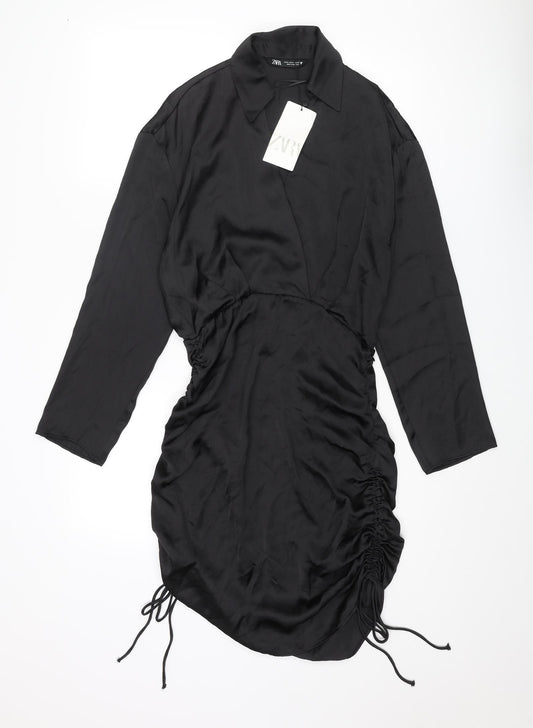 Zara Womens Black Polyester Shirt Dress Size M Collared Zip