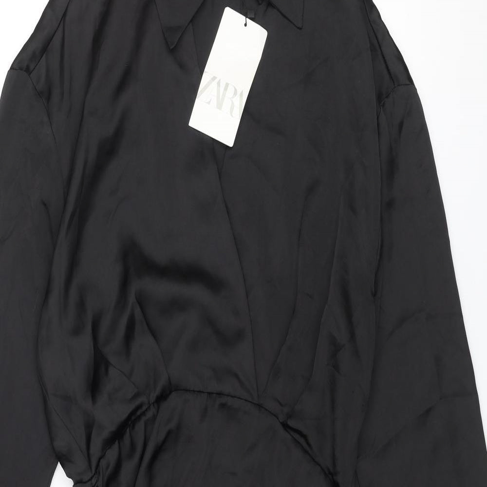 Zara Womens Black Polyester Shirt Dress Size M Collared Zip