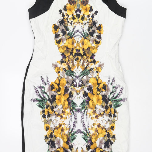 Karen Millen Womens Multicoloured Floral Acetate Pencil Dress Size 12 Round Neck Zip