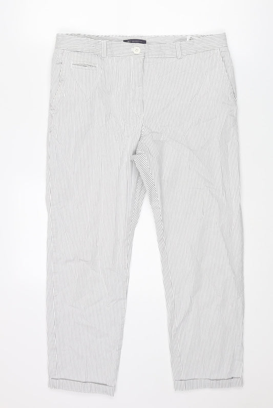Marks and Spencer Womens Grey Striped Cotton Cropped Trousers Size 14 L24 in Regular Zip