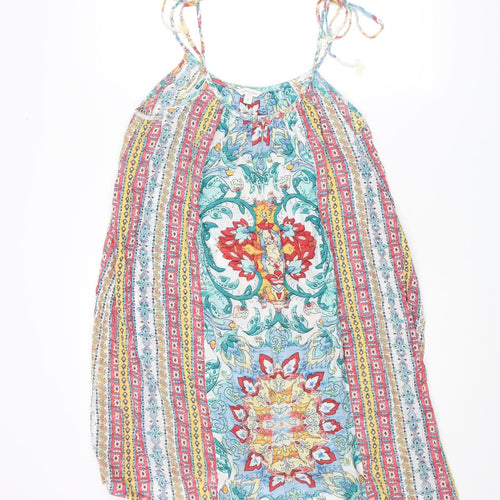 Monsoon Womens Multicoloured Geometric Cotton Slip Dress Size M Scoop Neck Pullover - Tie Sleeve Detail