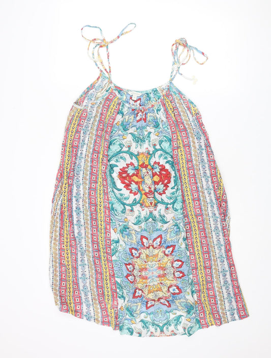 Monsoon Womens Multicoloured Geometric Cotton Slip Dress Size M Scoop Neck Pullover - Tie Sleeve Detail
