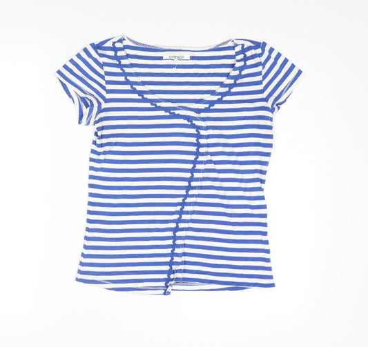 Crimson Womens Blue Striped Cotton Basic T-Shirt Size 8 Scoop Neck