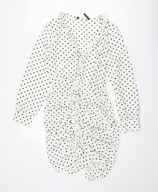 Zara Womens Ivory Polka Dot Polyester Mini Size S V-Neck Zip