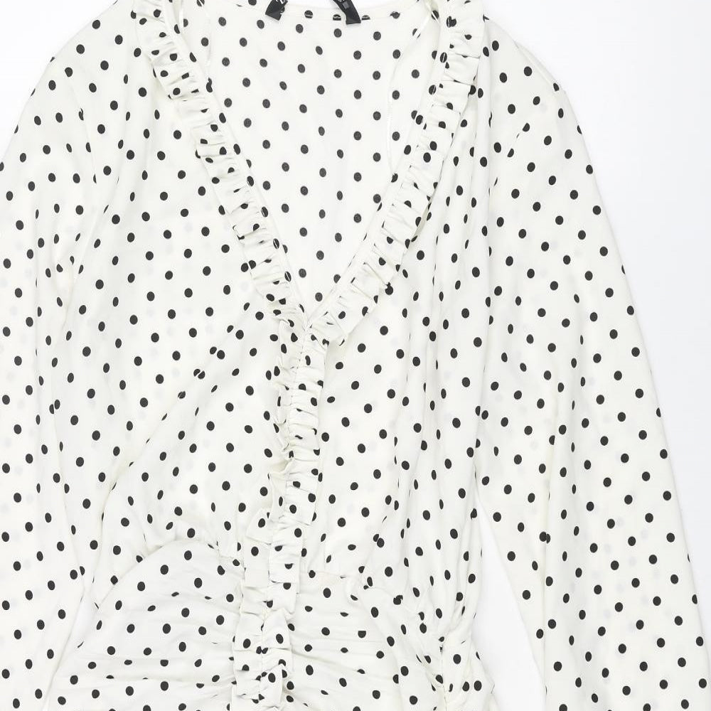 Zara Womens Ivory Polka Dot Polyester Mini Size S V-Neck Zip