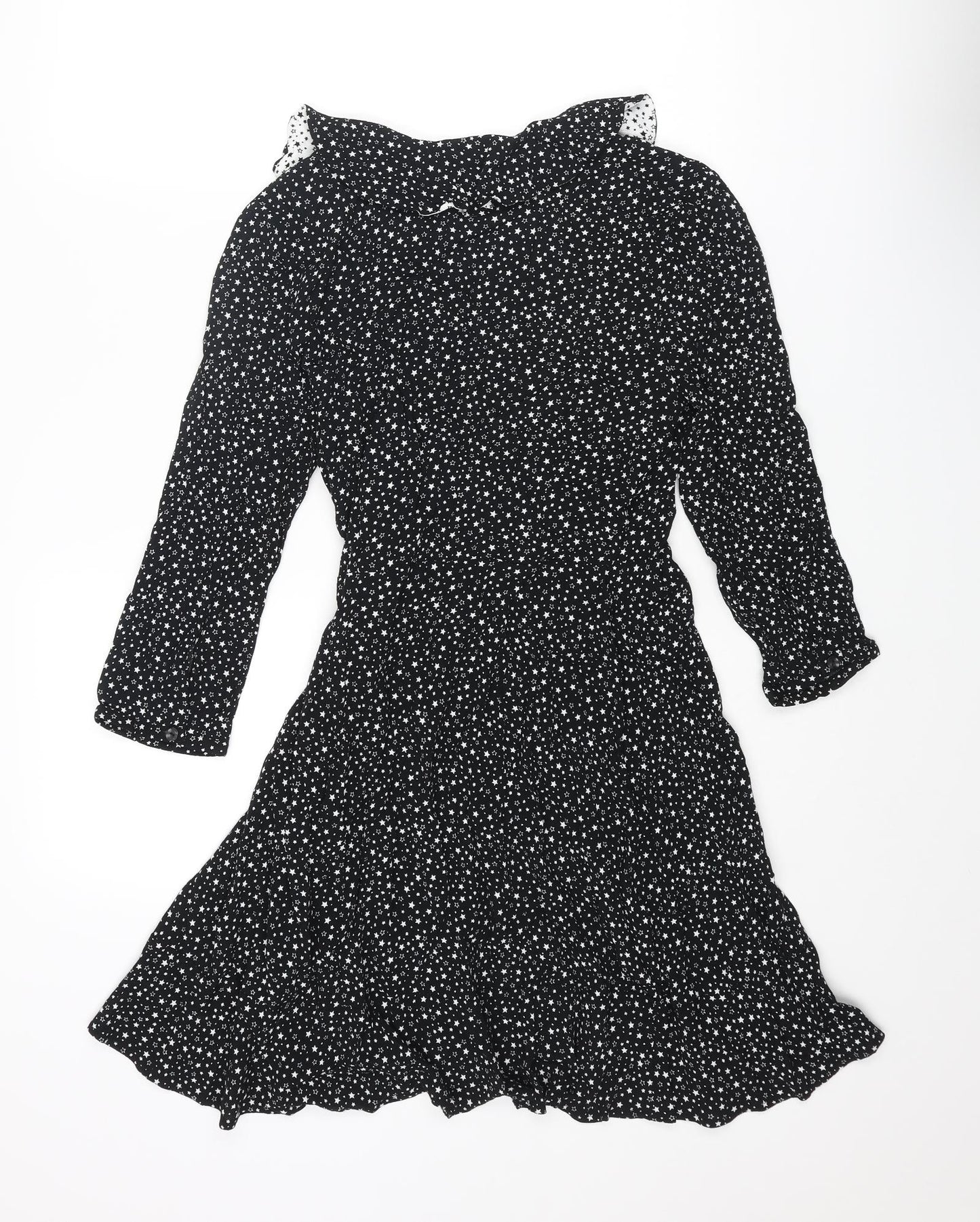 Warehouse Womens Black Geometric Viscose Mini Size 10 Collared Tie - Star Print