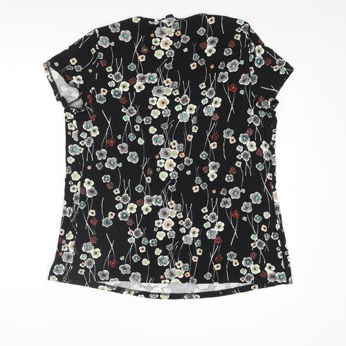 Marks and Spencer Womens Black Floral Viscose Basic T-Shirt Size 18 Round Neck