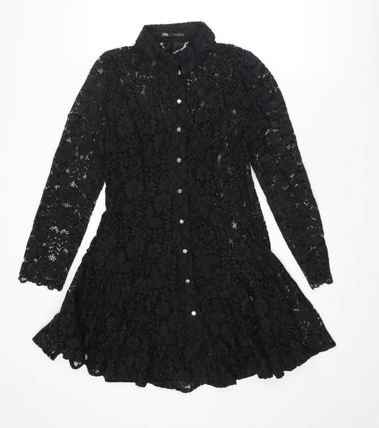 Zara Womens Black Polyamide Shirt Dress Size S Collared Button