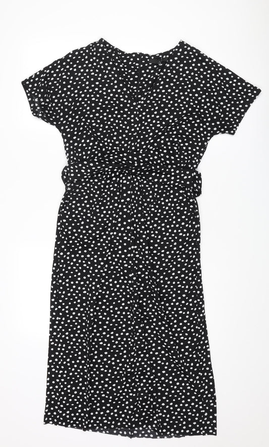 NEXT Womens Black Geometric Polyester Sheath Size 10 V-Neck Zip - Spotted