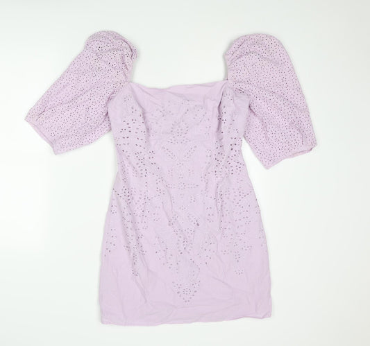 H&M Womens Purple Cotton Mini Size 10 Square Neck Zip - Broderie Anglaise